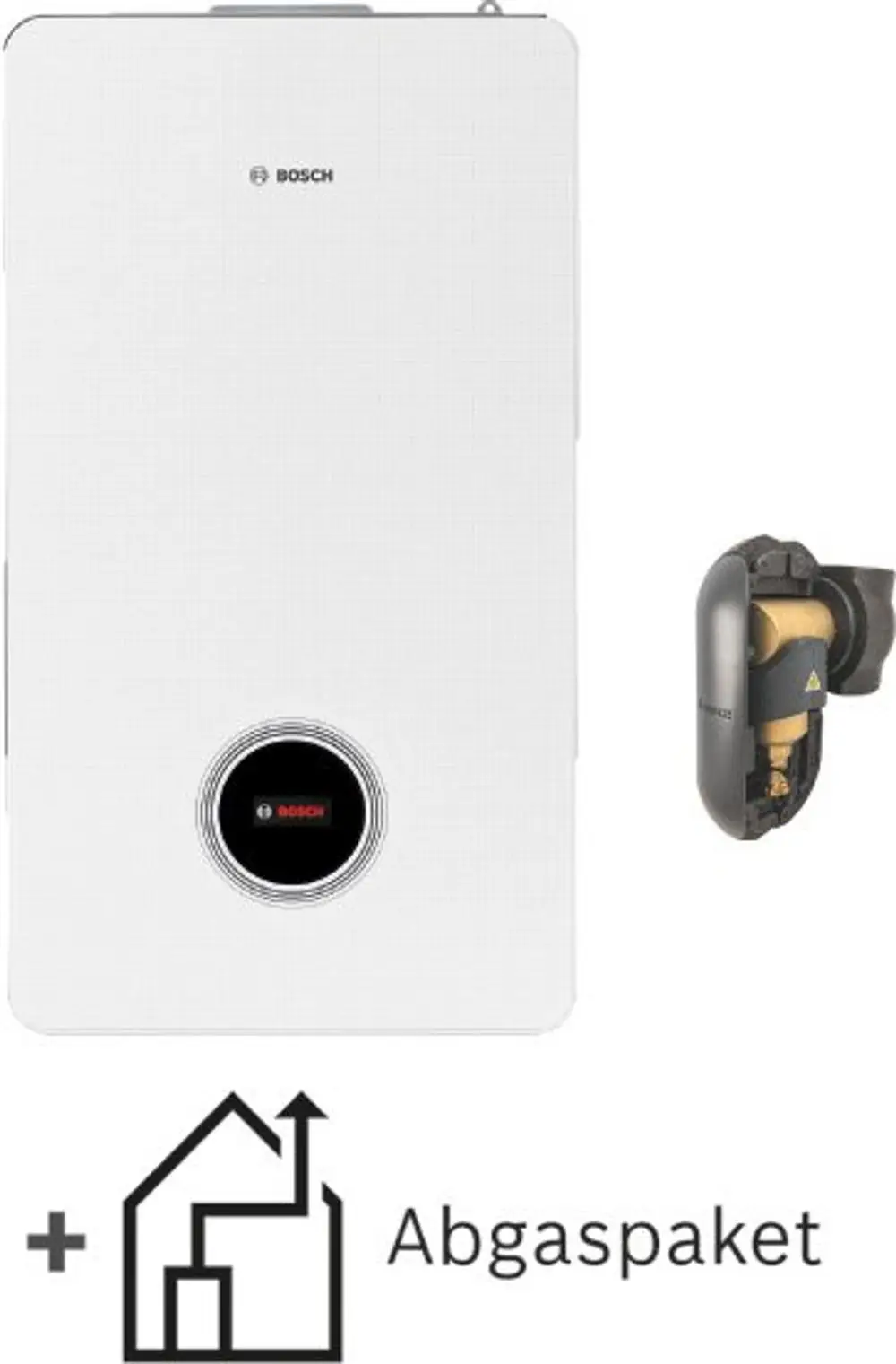 Weißes Bosch-Gerät mit rundem schwarzem Logo und abgasführendem Element daneben. Symbol für Abgaspaket in der linken unteren Ecke.